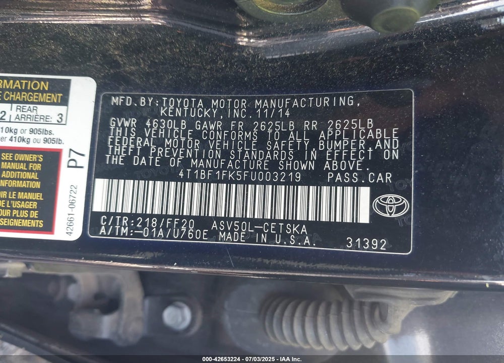 2015 TOYOTA CAMRY VIN: 4T1BF1FK5FU003219