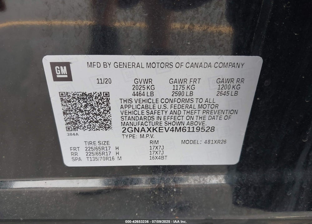 2021 CHEVROLET EQUINOX FWD LT VIN: 2GNAXKEV4M6119528