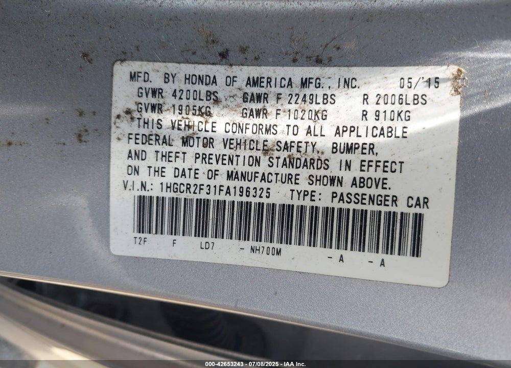 2015 HONDA ACCORD LX VIN: 1HGCR2F31FA196325
