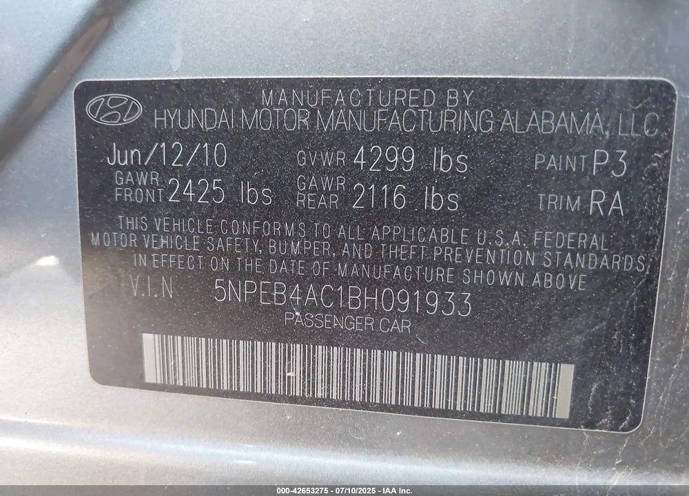 2011 HYUNDAI SONATA VIN: 5NPEB4AC1BH091933