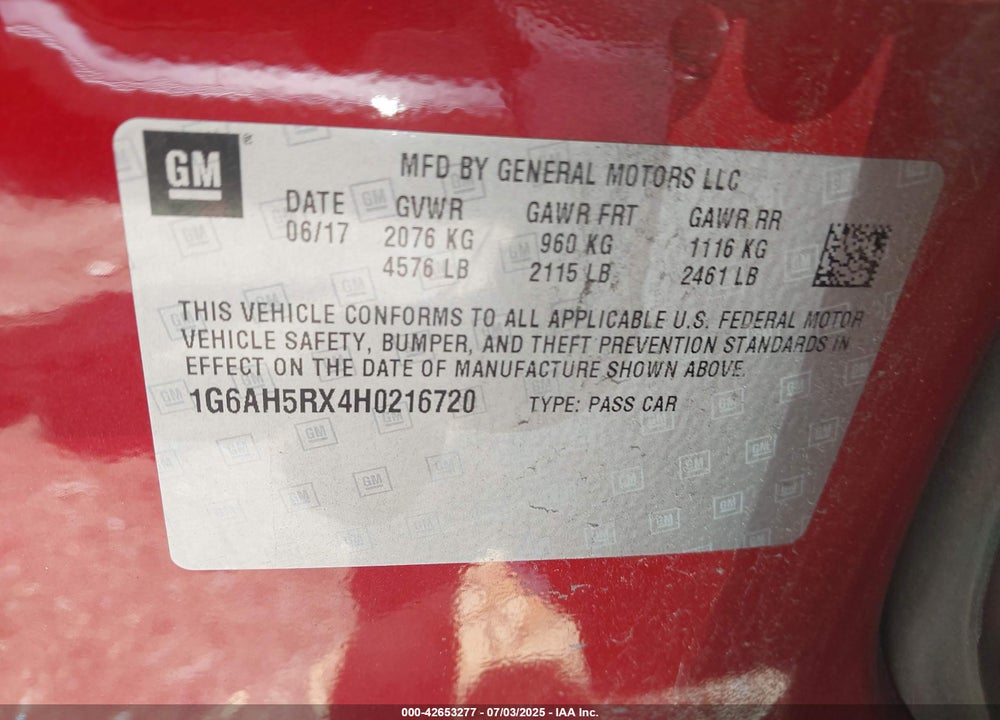 2017 CADILLAC ATS VIN: 1G6AH5RX4H0216720