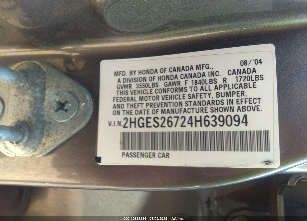 2004 HONDA CIVIC EX VIN: 2HGES26724H639094