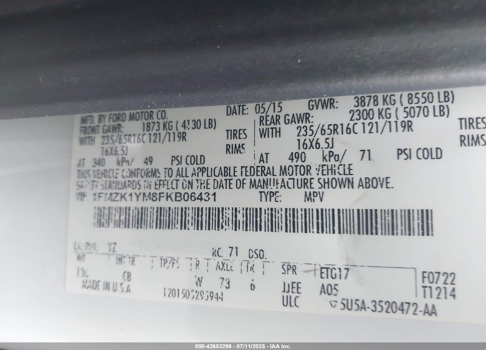 2015 FORD TRANSIT-150 XLT VIN: 1FMZK1YM8FKB06431