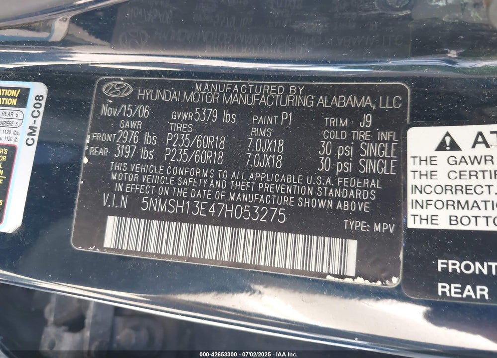 2007 HYUNDAI SANTA FE LIMITED/SE VIN: 5NMSH13E47H053275