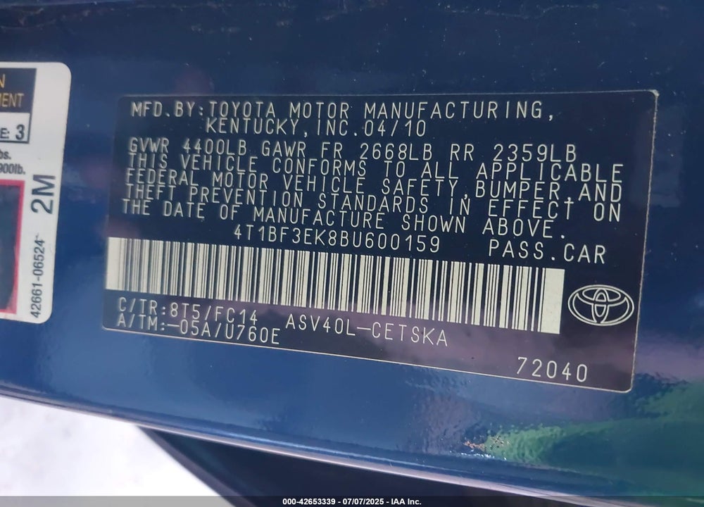 2011 TOYOTA CAMRY SE VIN: 4T1BF3EK8BU600159