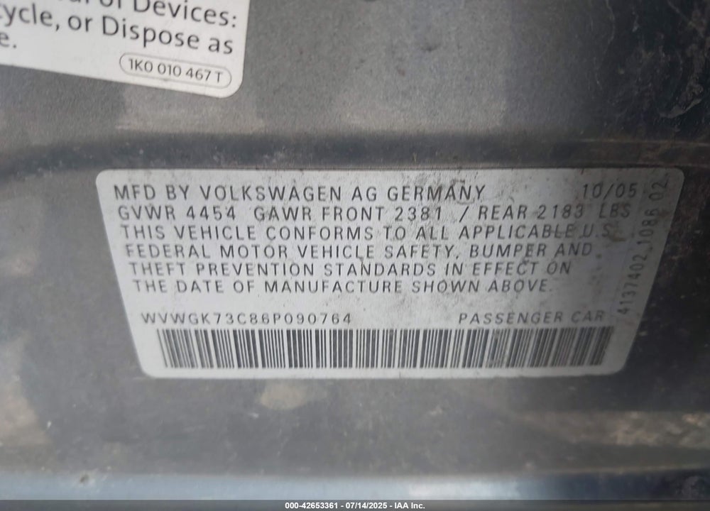 2006 VOLKSWAGEN PASSAT VALUE EDITION VIN: WVWGK73C86P090764
