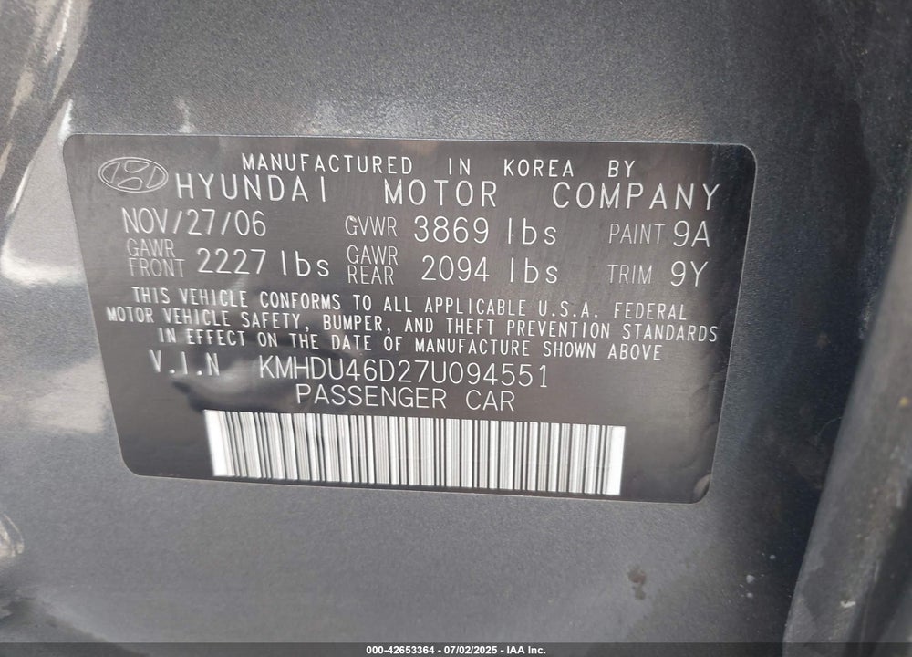 2007 HYUNDAI ELANTRA GLS/LIMITED/SE VIN: KMHDU46D27U094551