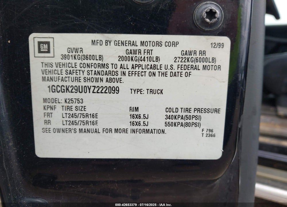 2000 CHEVROLET SILVERADO 2500 VIN: 1GCGK29U0YZ222099