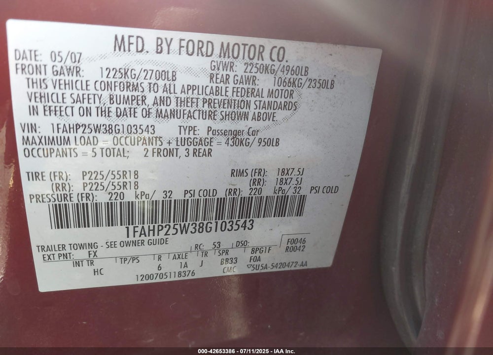 2008 FORD TAURUS LIMITED VIN: 1FAHP25W38G103543