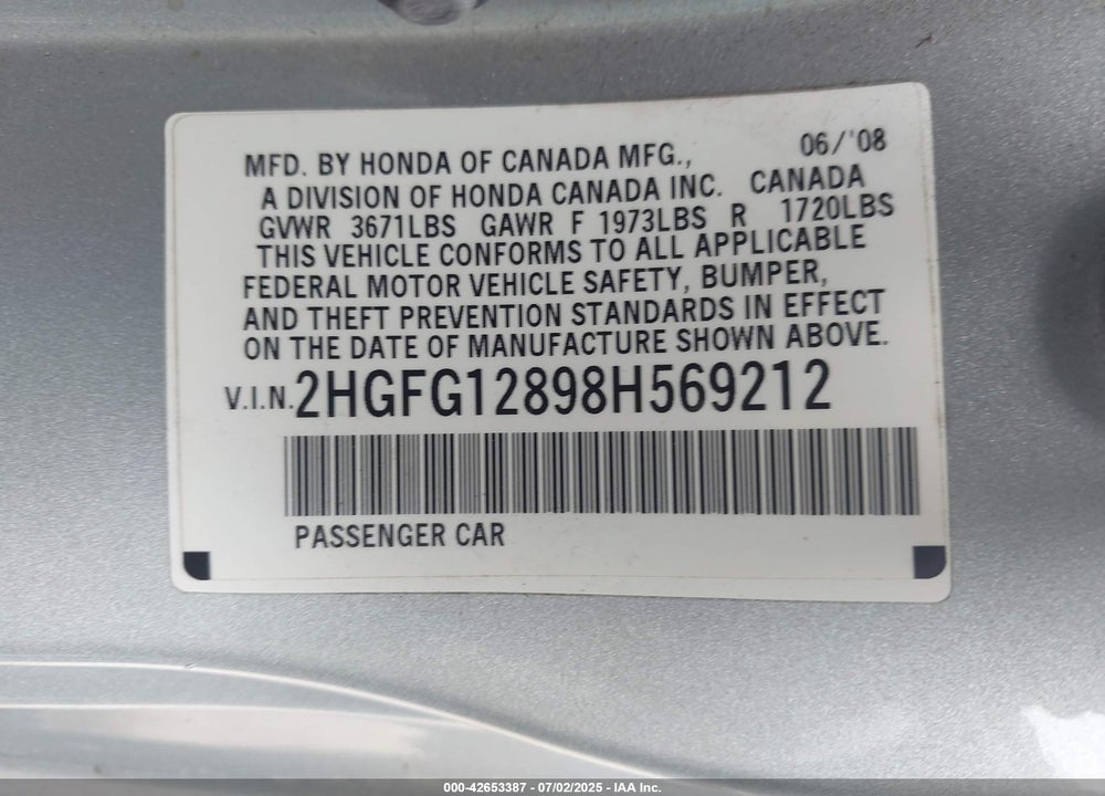 2008 HONDA CIVIC VIN: 2HGFG12898H569212