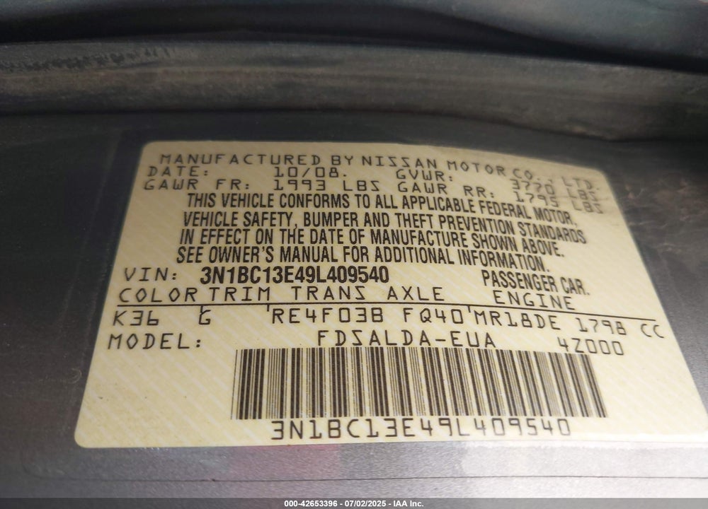 2009 NISSAN VERSA VIN: 3N1BC13E49L409540