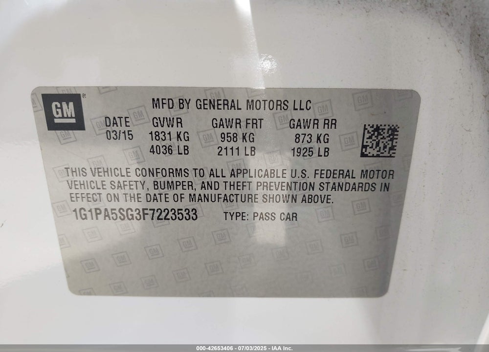 2015 CHEVROLET CRUZE VIN: 1G1PA5SG3F7223533