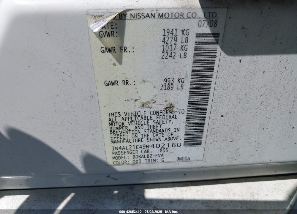 2009 NISSAN ALTIMA VIN: 1N4AL21E49N402160