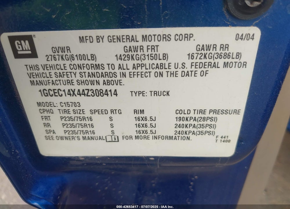 2004 CHEVROLET SILVERADO 1500 WORK TRUCK VIN: 1GCEC14X44Z308414