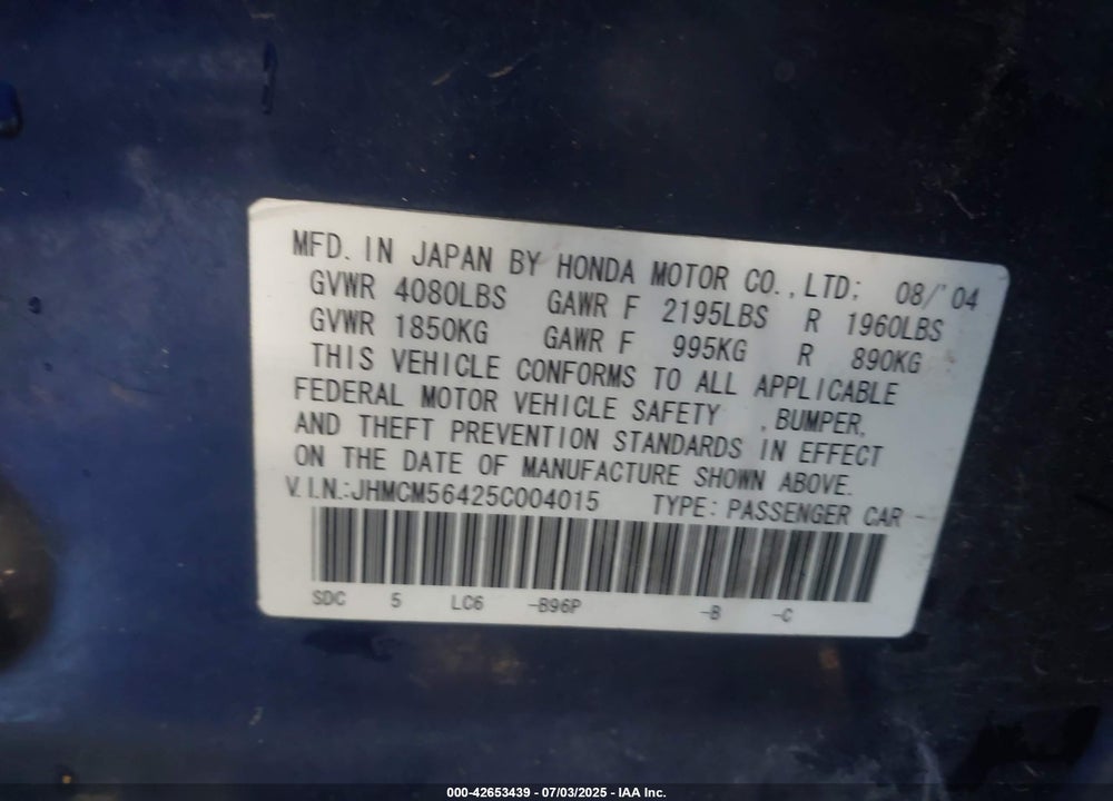 2005 HONDA ACCORD 2.4 LX VIN: JHMCM56425C004015