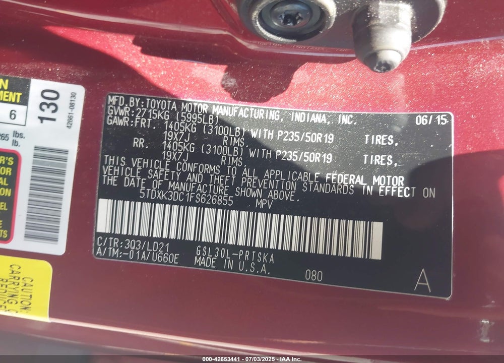 2015 TOYOTA SIENNA VIN: 5TDXK3DC1FS626855
