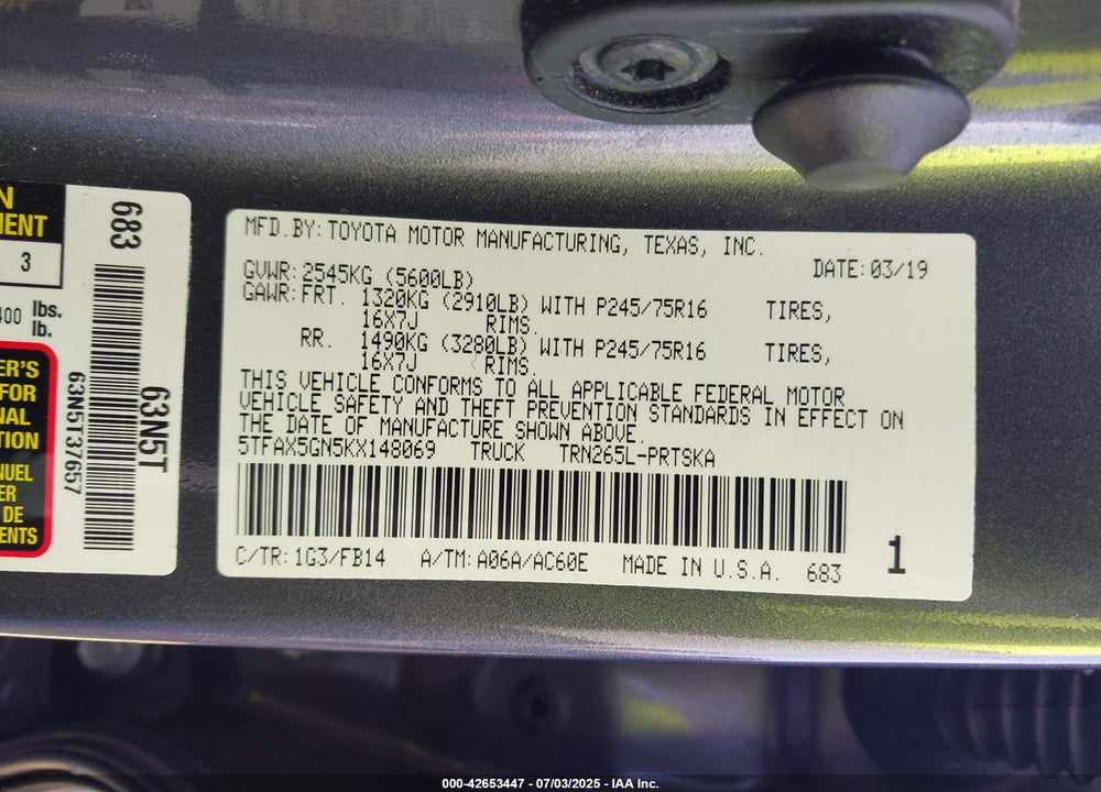 2019 TOYOTA TACOMA VIN: 5TFAX5GN5KX148069