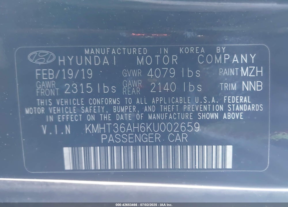 2019 HYUNDAI VELOSTER VIN: KMHT36AH6KU002659