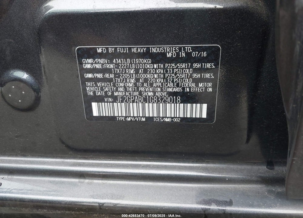 2016 SUBARU CROSSTREK 2.0I PREMIUM VIN: JF2GPABC1G8329018