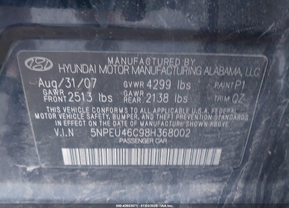 2008 HYUNDAI SONATA VIN: 5NPEU46C98H368002