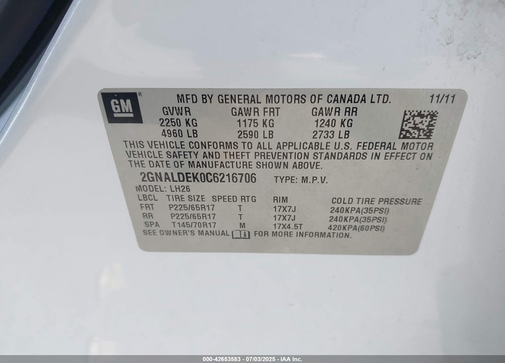 2012 CHEVROLET EQUINOX VIN: 2GNALDEK0C6216706