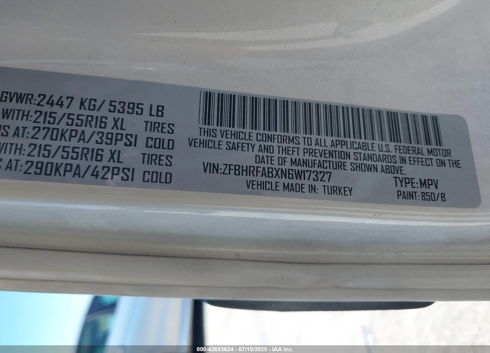 2022 RAM PROMASTER CITY CARGO VAN VIN: ZFBHRFABXN6W17327