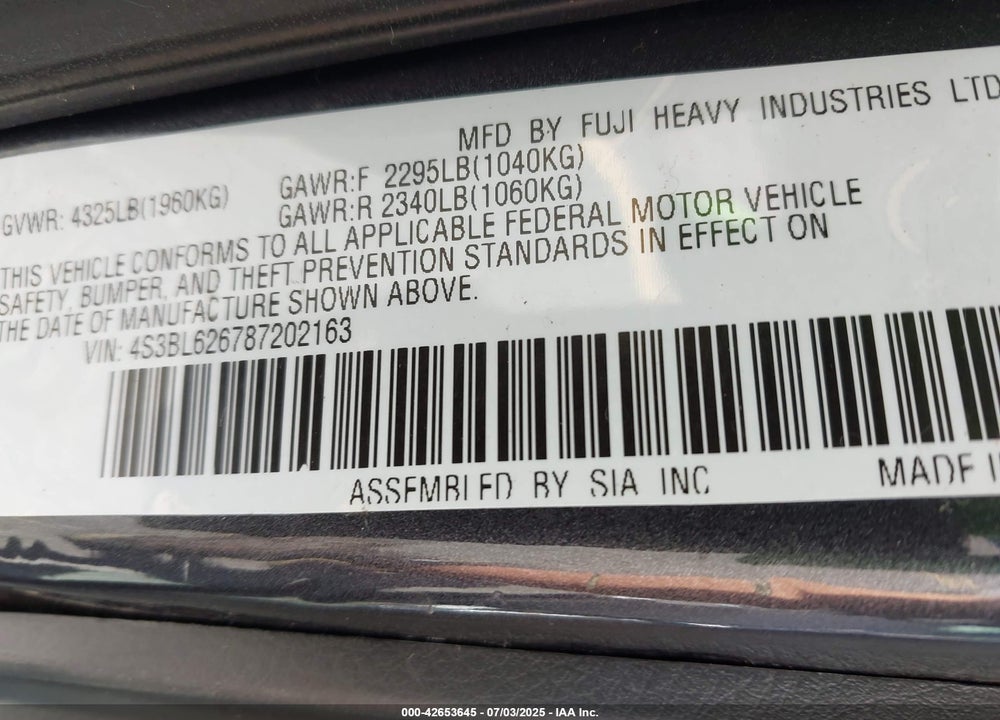 2008 SUBARU LEGACY 2.5I LIMITED VIN: 4S3BL626787202163
