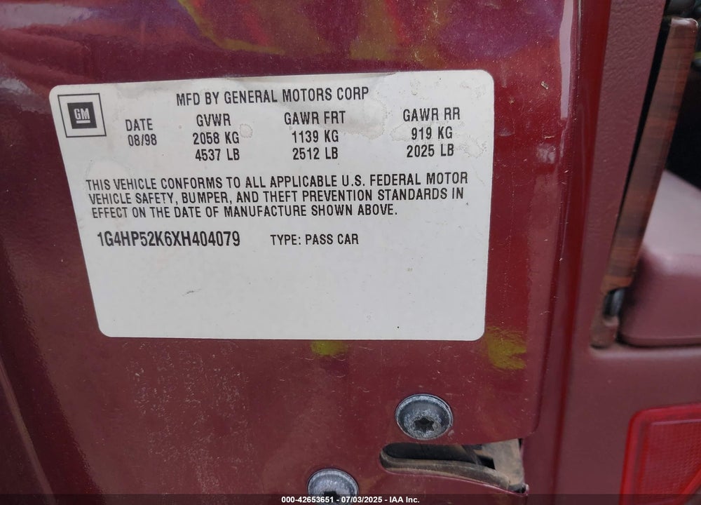 1999 BUICK LESABRE CUSTOM VIN: 1G4HP52K6XH404079