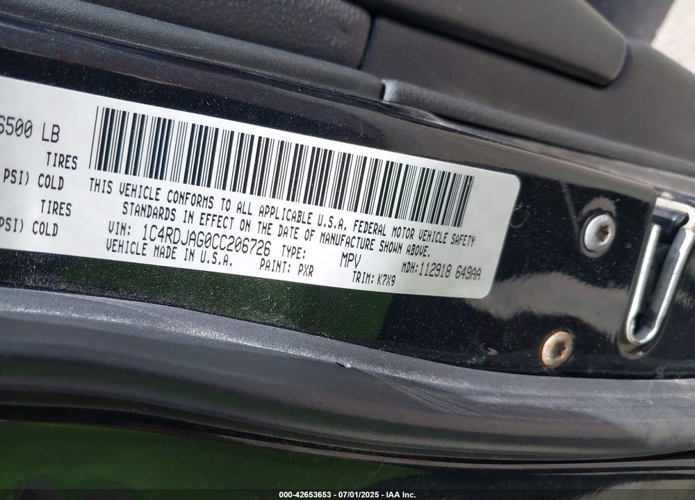 2012 DODGE DURANGO VIN: 1C4RDJAG0CC206726