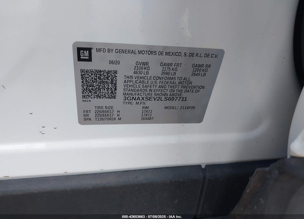 2020 CHEVROLET EQUINOX VIN: 3GNAXSEV2LS697711