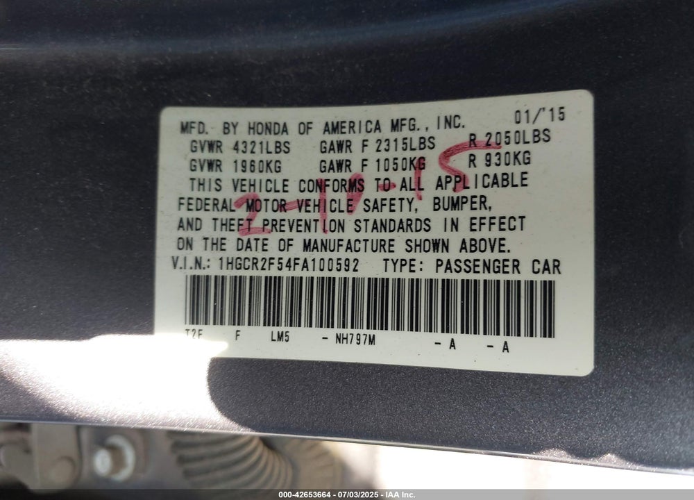 2015 HONDA ACCORD VIN: 1HGCR2F54FA100592