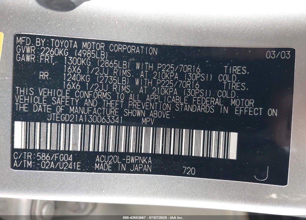 2003 TOYOTA HIGHLANDER VIN: JTEGD21A130063341