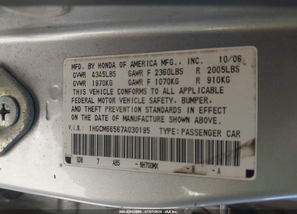 2007 HONDA ACCORD VIN: 1HGCM66567A030195