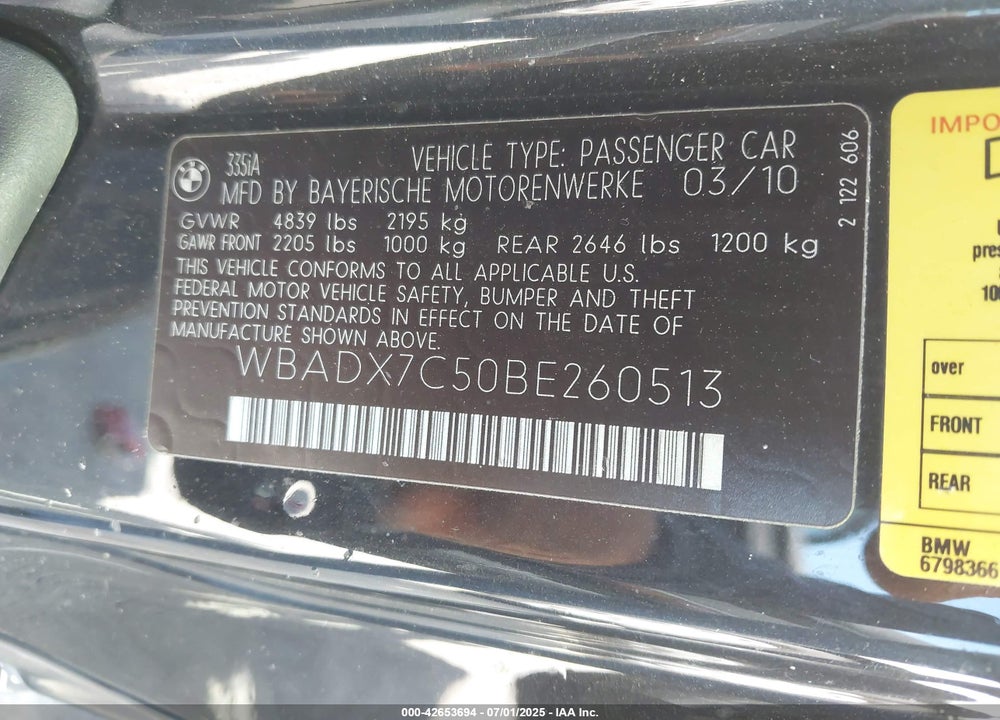 2011 BMW 335I VIN: WBADX7C50BE260513