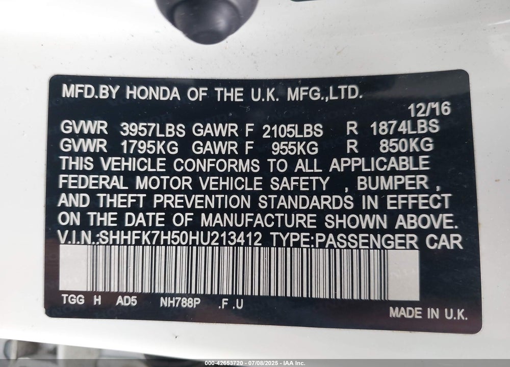 2017 HONDA CIVIC EX VIN: SHHFK7H50HU213412