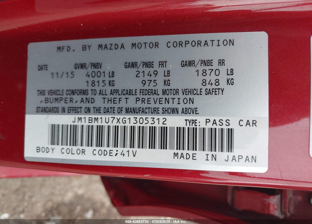 2016 MAZDA 3 I SPORT VIN: JM1BM1U7XG1305312