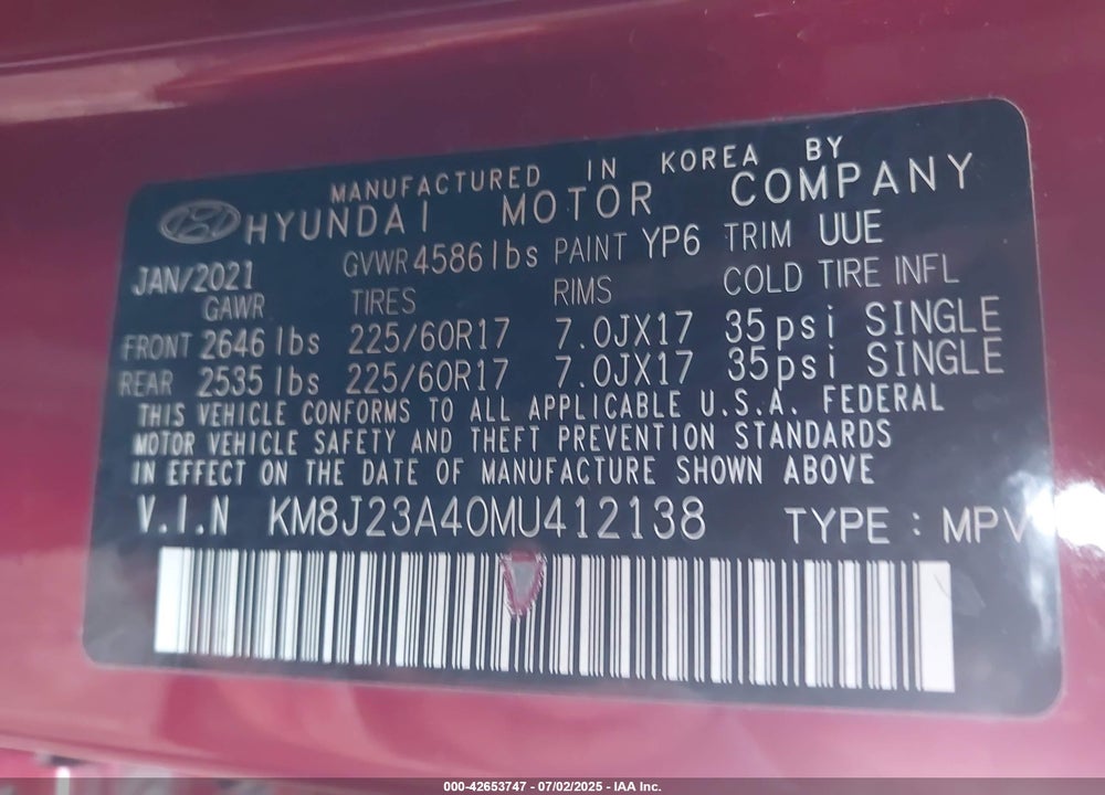 2021 HYUNDAI TUCSON VIN: KM8J23A40MU412138