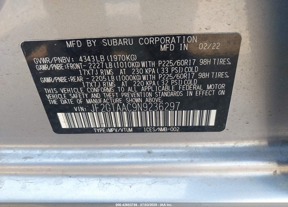 2022 SUBARU CROSSTREK VIN: JF2GTAAC9N9236297