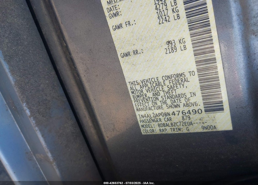2011 NISSAN ALTIMA VIN: 1N4AL2AP0BN476490