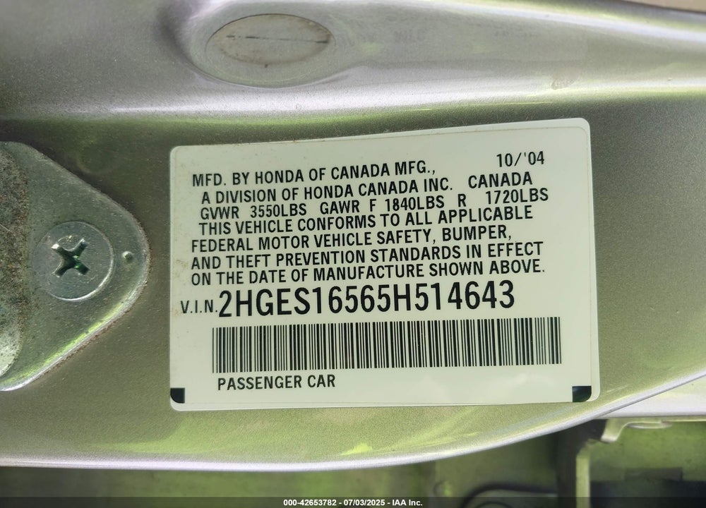 2005 HONDA CIVIC LX VIN: 2HGES16565H514643