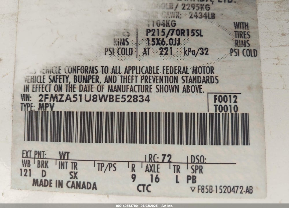 1998 FORD WINDSTAR BASE 3.0/GL VIN: 2FMZA51U8WBE52834