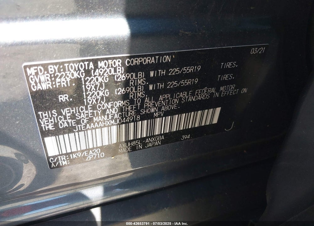 2021 TOYOTA VENZA VIN: JTEAAAAHXMJ044918