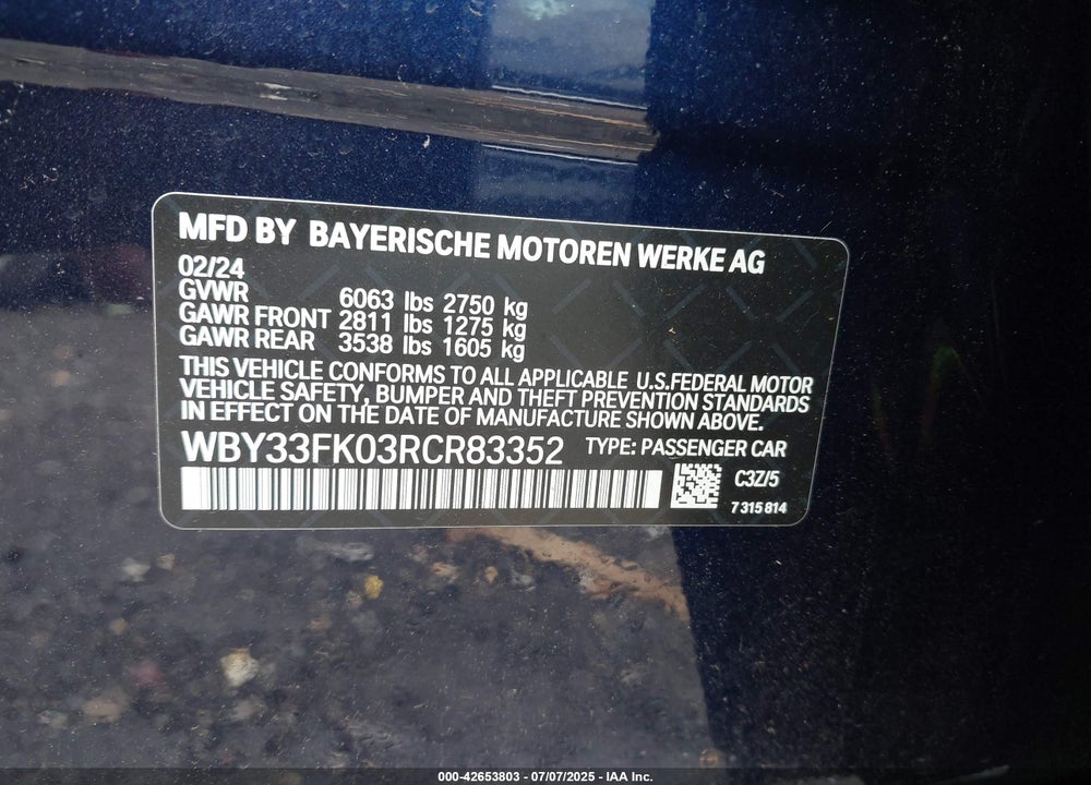 2024 BMW I5 VIN: WBY33FK03RCR83352