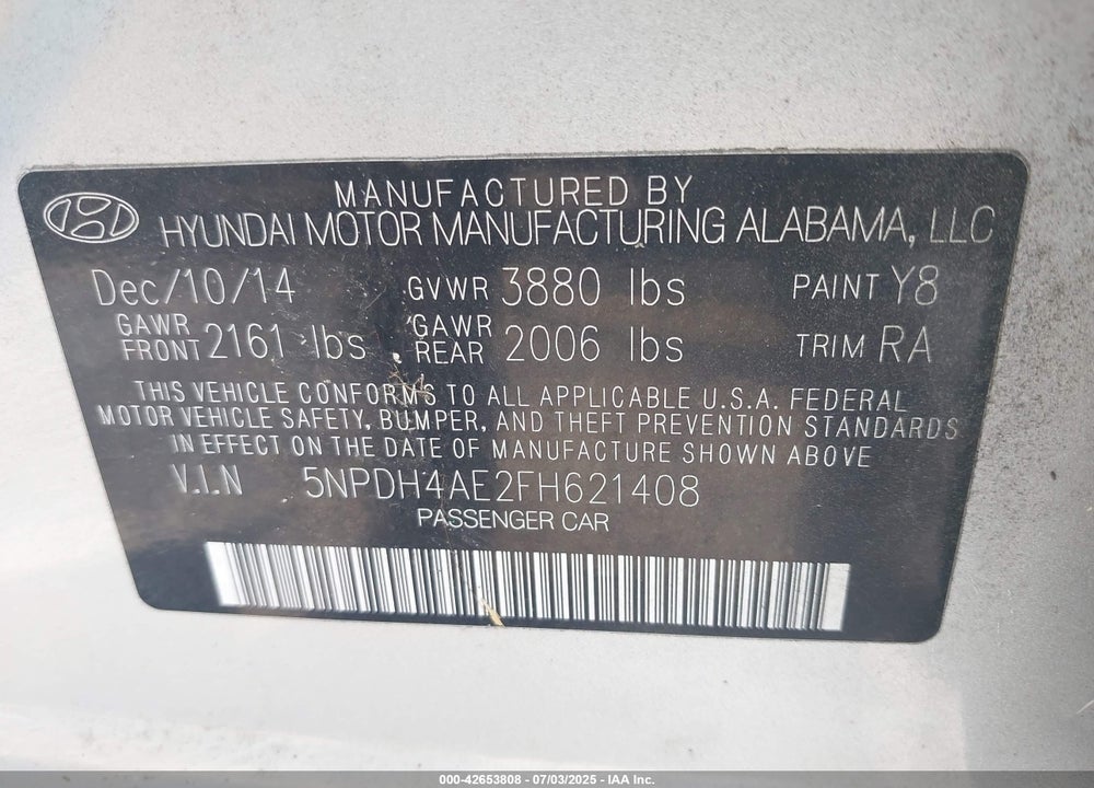 2015 HYUNDAI ELANTRA VIN: 5NPDH4AE2FH621408