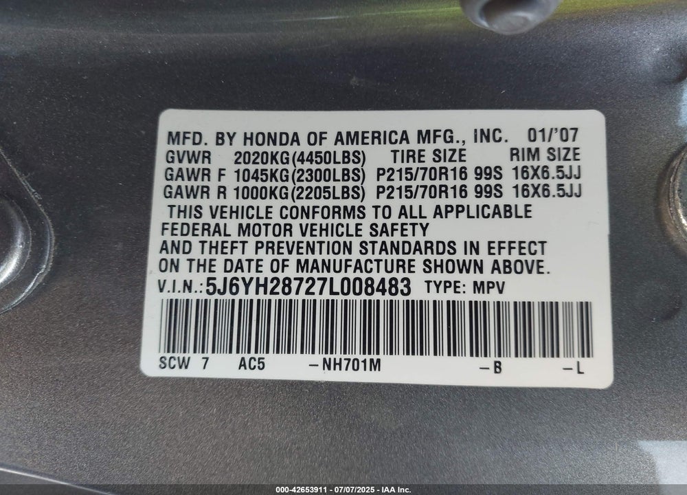 2007 HONDA ELEMENT VIN: 5J6YH28727L008483