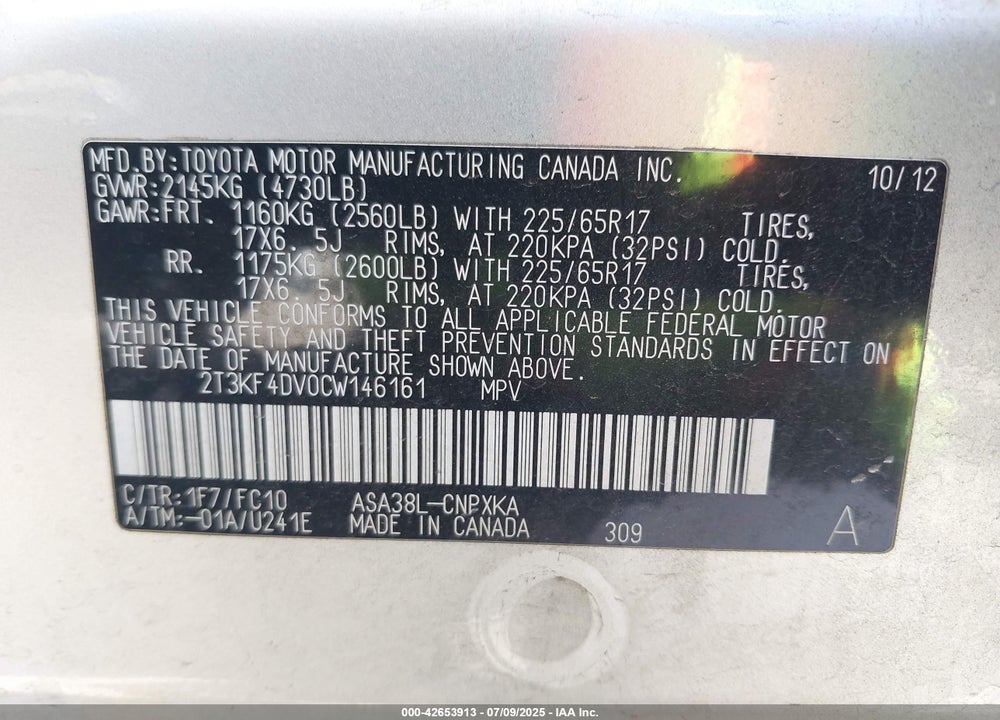 2012 TOYOTA RAV4 VIN: 2T3KF4DV0CW146161