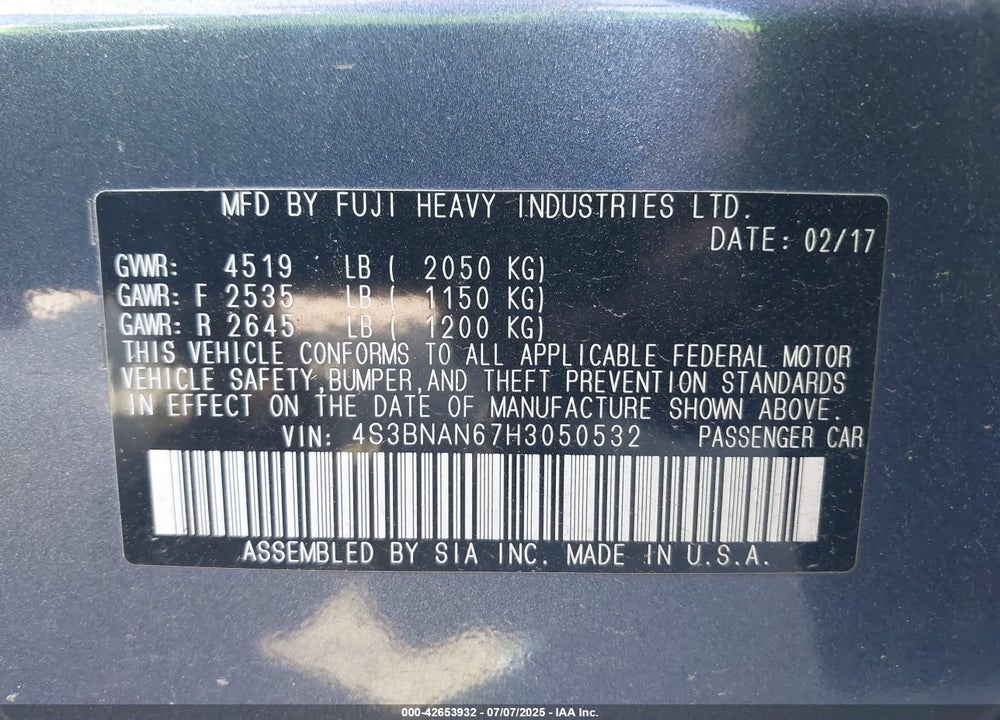 2017 SUBARU LEGACY VIN: 4S3BNAN67H3050532