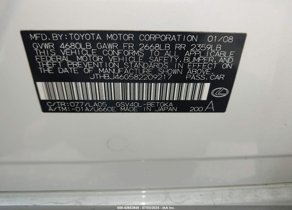 2008 LEXUS ES 350 VIN: JTHBJ46G582209217