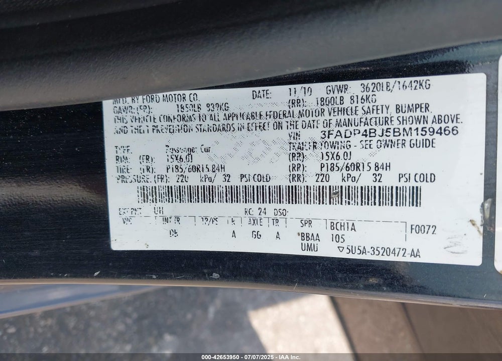 2011 FORD FIESTA VIN: 3FADP4BJ5BM159466