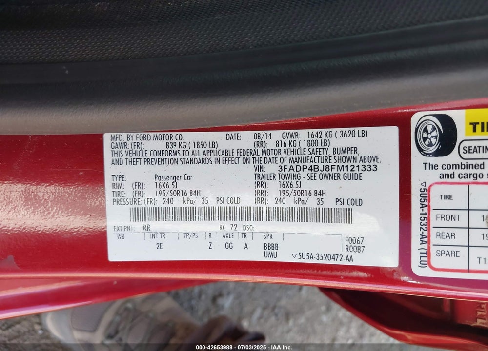 2015 FORD FIESTA VIN: 3FADP4BJ8FM121333